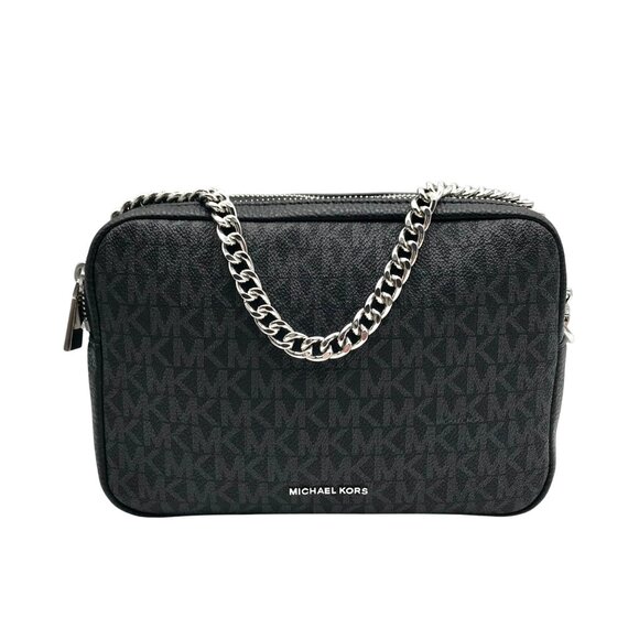Michael Kors Black Coated Canvas Double Zip Bryant Chain Camera Crossbody - Picture 1 of 11